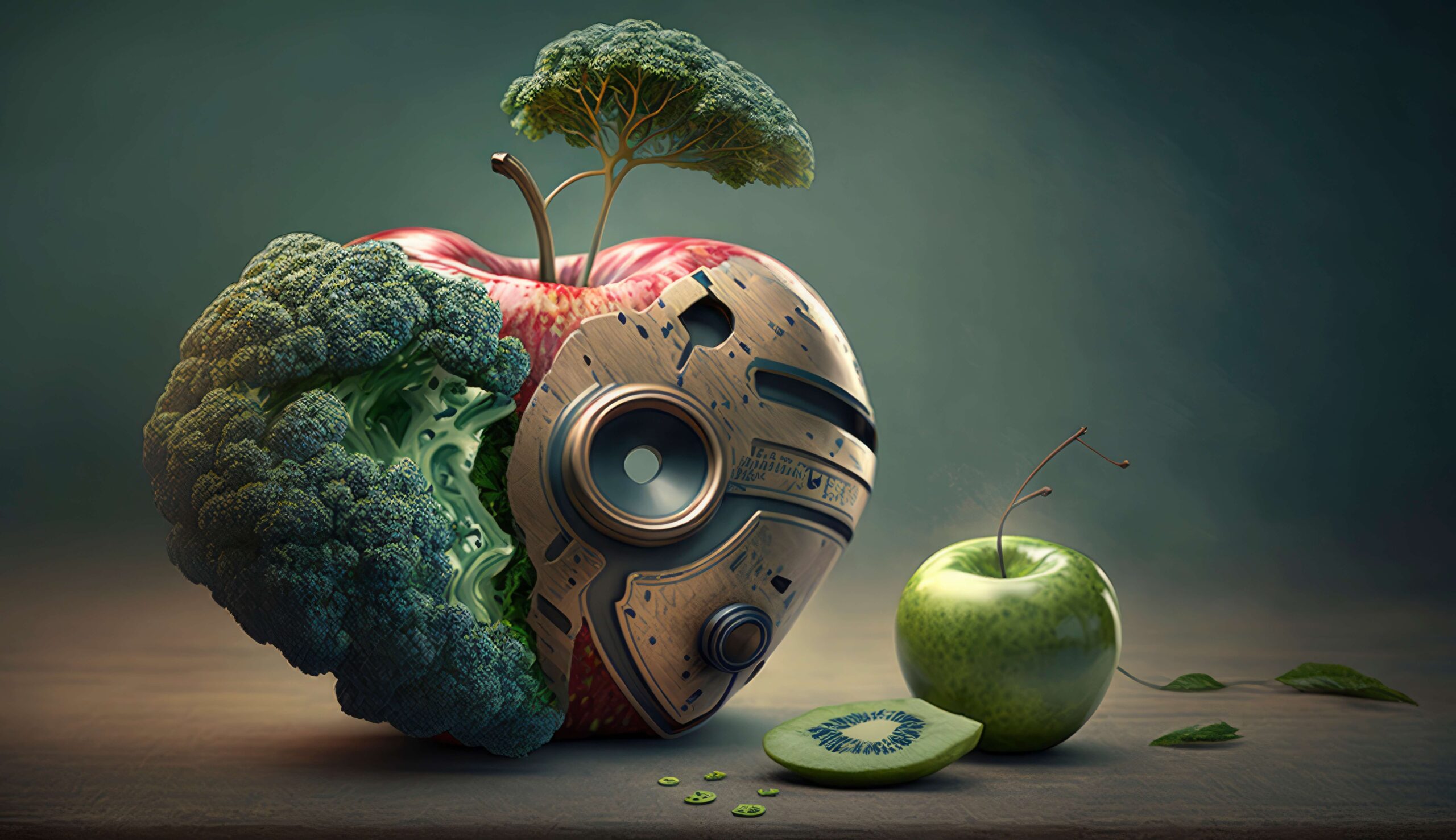 Ilustrație conceptuală a unei inimi jumătate organice (făcută din frunze și natură) și jumătate mecanică (făcută din angrenaje și circuite)