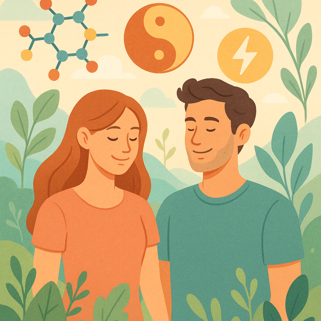 Ilustrație cu un cuplu în echilibru, înconjurat de simboluri hormonale și elemente naturale, sugerând armonia sistemului endocrin.